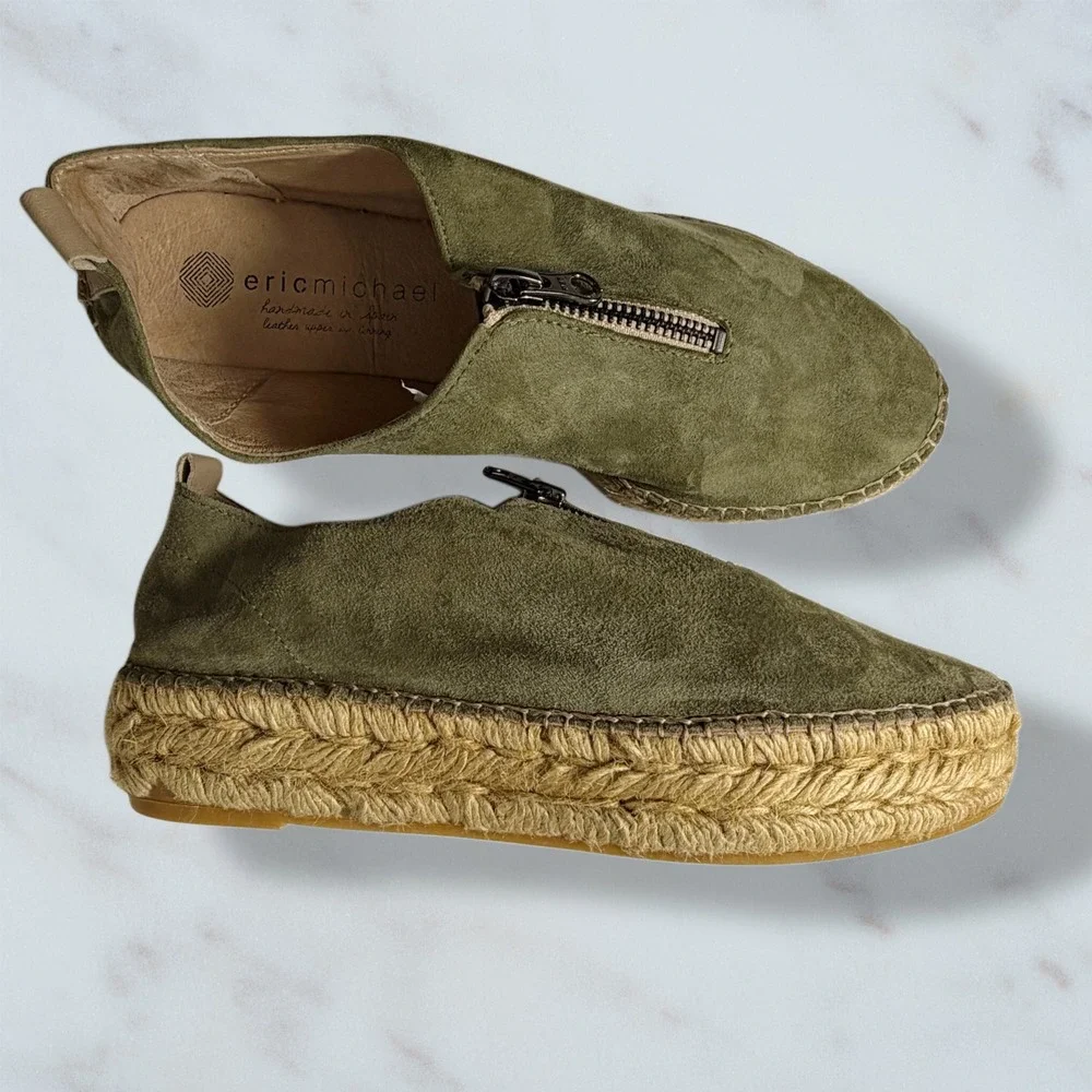 Eric Michael Serena Olive Green Suede Platform Espadrille Zipper Shoes 38